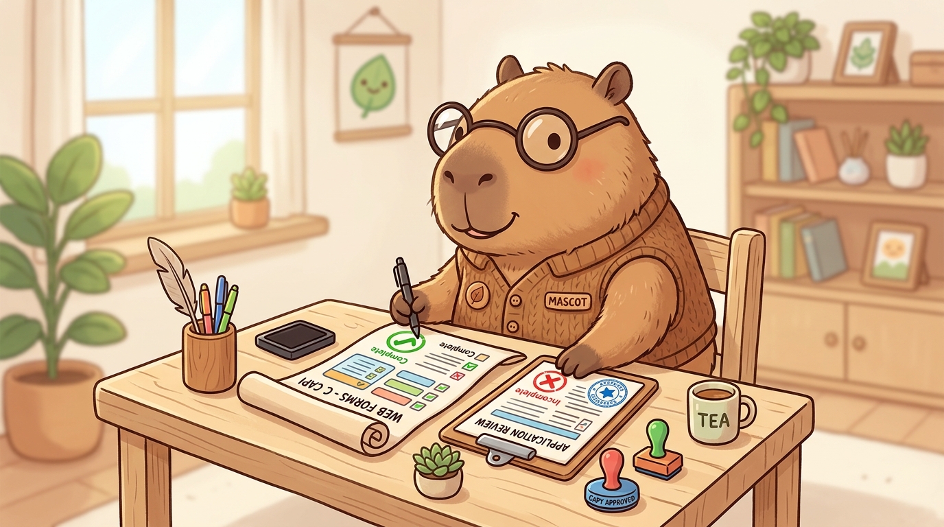 CapyForm Capybara Mascot reviewing web forms with rubber stamps